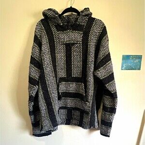 Baja Joe Black/White/Gray Striped Knit Hooded Pullover Sweater, Size XL